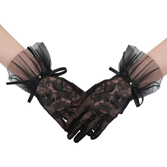 Accessories - Women's Black Mesh Pearls Bow Short Lace Gloves Elegant Tea Party Party Tulle